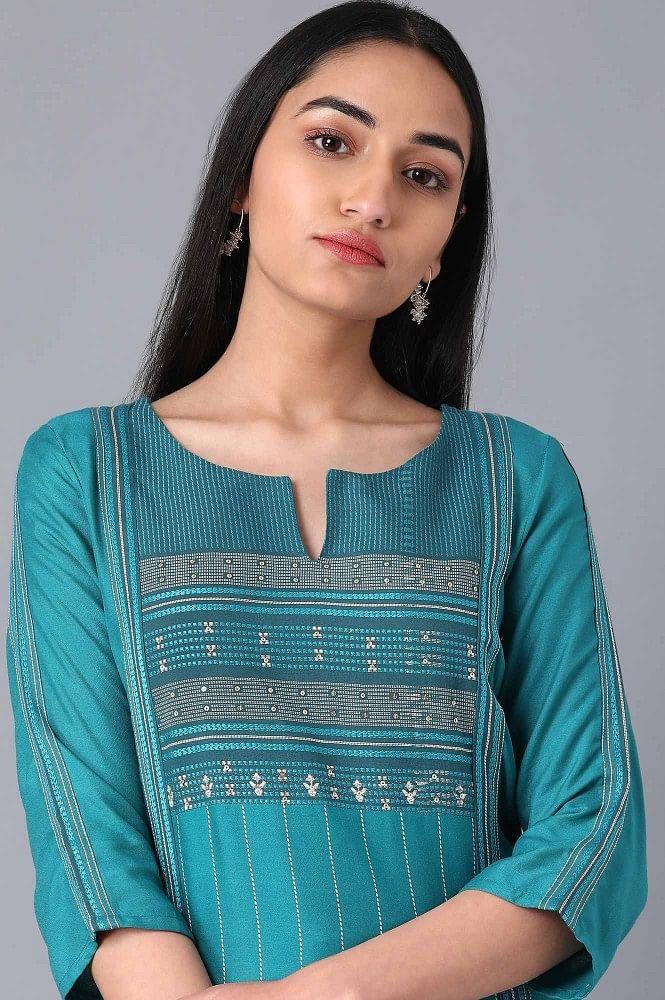 Teal Boat Neck Printed kurta - wforwoman