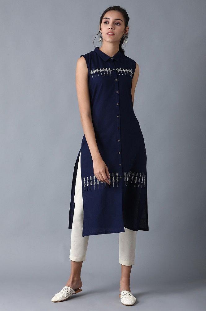 Blue Shirt Collar Embroidered kurta - wforwoman