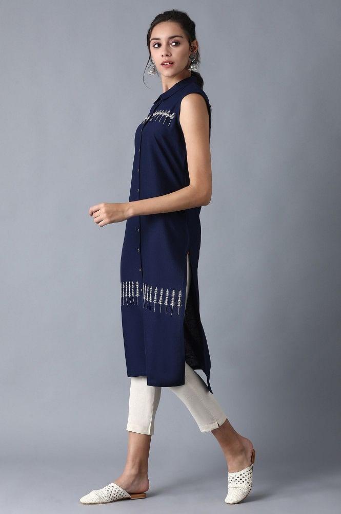 Blue Shirt Collar Embroidered kurta - wforwoman