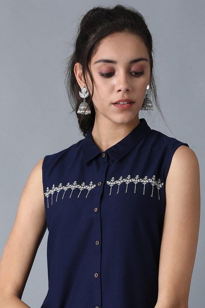 Blue Shirt Collar Embroidered kurta - wforwoman