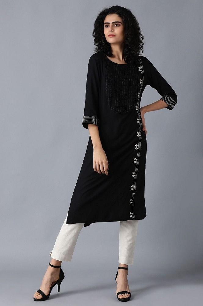 Black Round Neck kurta - wforwoman