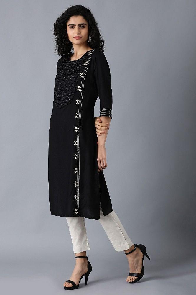 Black Round Neck kurta - wforwoman