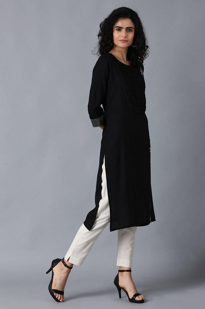 Black Round Neck kurta - wforwoman