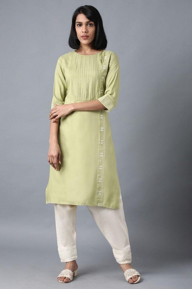 Green Round Neck Embroidered kurta - wforwoman