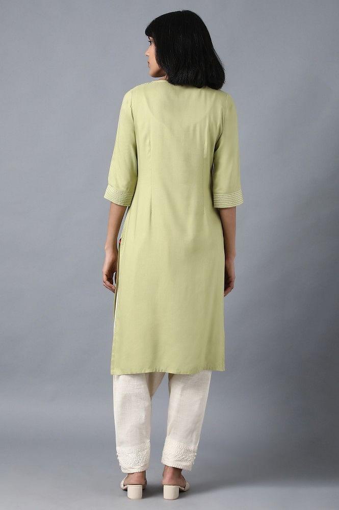 Green Round Neck Embroidered kurta - wforwoman