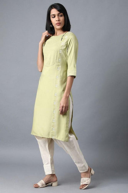 Green Round Neck Embroidered kurta - wforwoman