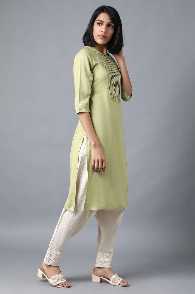 Green Round Neck Embroidered kurta - wforwoman