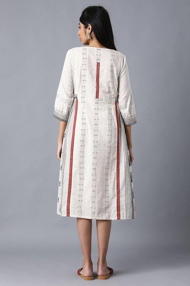Ecru Boat Neck Printed Dress - wforwoman