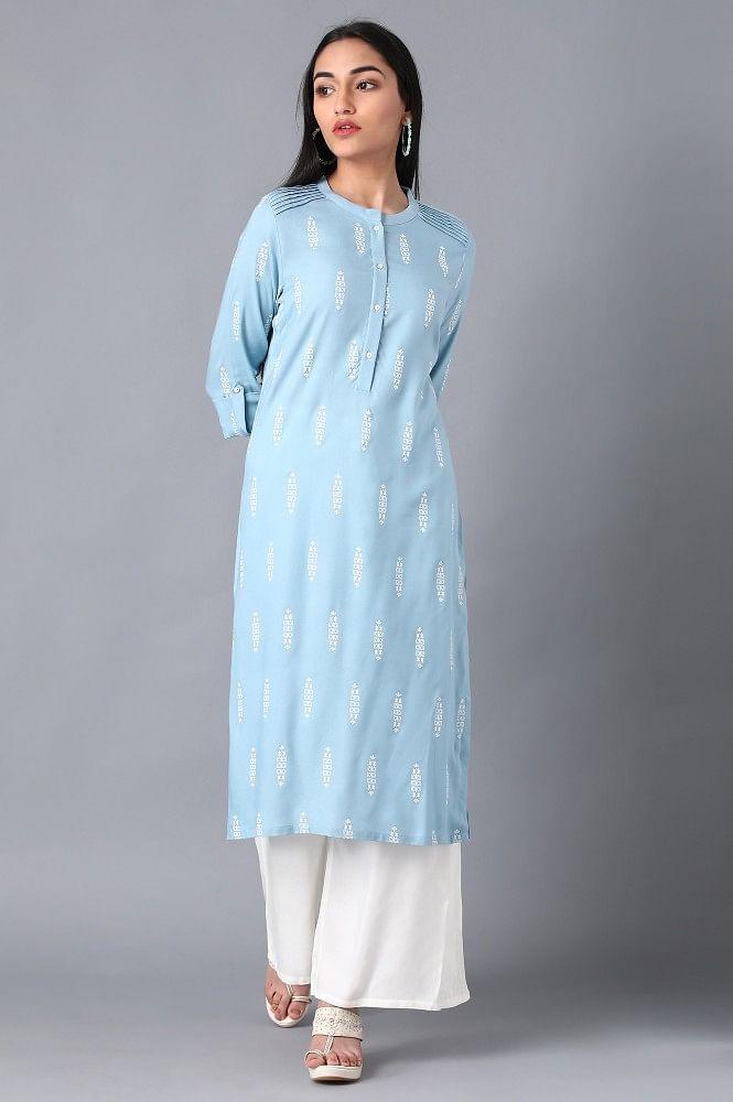 Blue Mandarin Neck Printed kurta - wforwoman