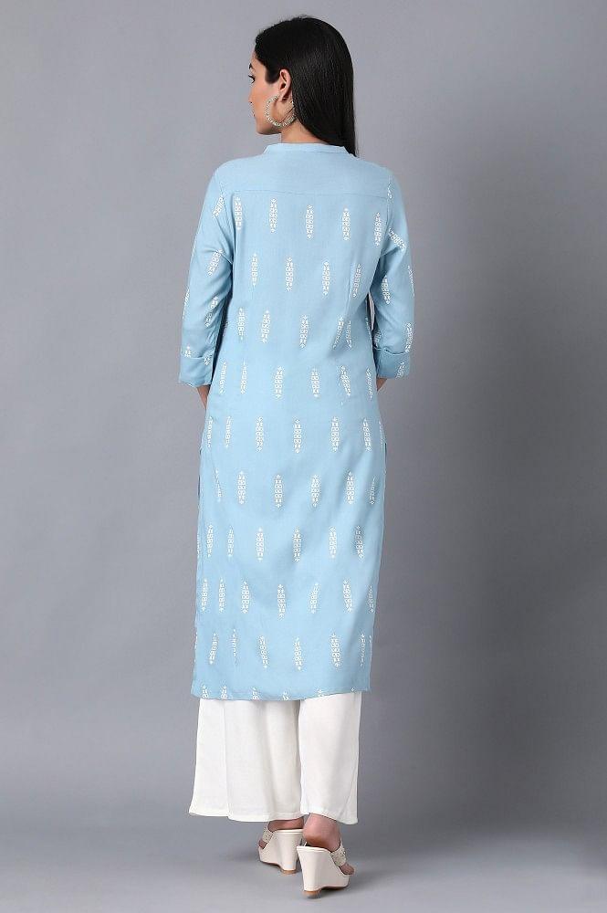 Blue Mandarin Neck Printed kurta - wforwoman