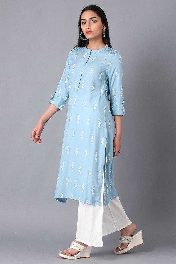 Blue Mandarin Neck Printed kurta - wforwoman