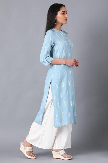 Blue Mandarin Neck Printed kurta - wforwoman