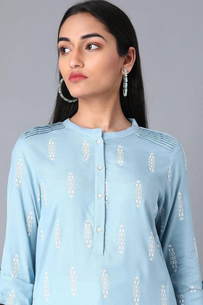 Blue Mandarin Neck Printed kurta - wforwoman