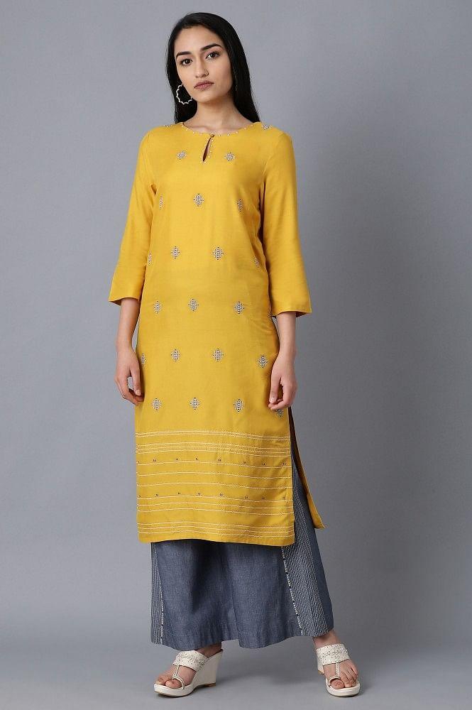 Yellow Round Neck Embroidered kurta - wforwoman