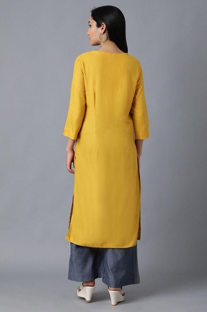 Yellow Round Neck Embroidered kurta - wforwoman