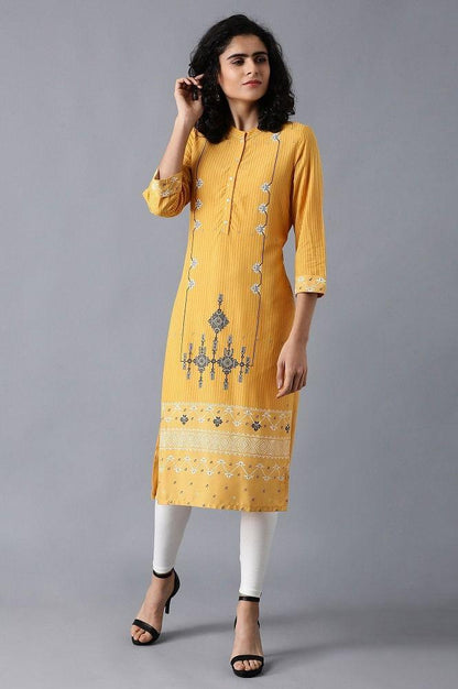 Yellow Mandarin Neck Printed kurta - wforwoman