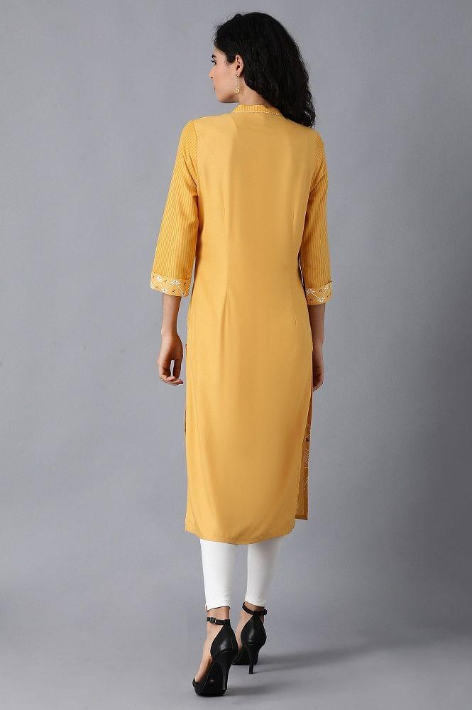 Yellow Mandarin Neck Printed kurta - wforwoman