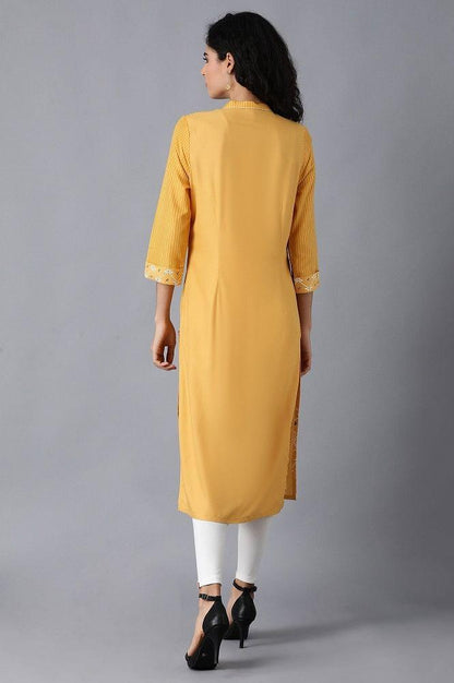 Yellow Mandarin Neck Printed kurta - wforwoman