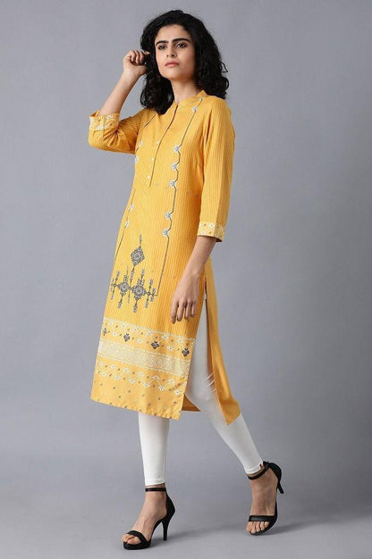 Yellow Mandarin Neck Printed kurta - wforwoman