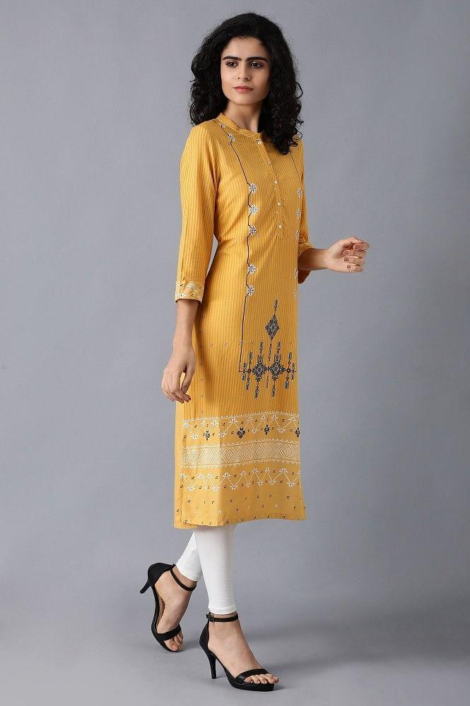 Yellow Mandarin Neck Printed kurta - wforwoman