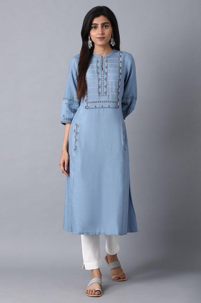 Blue Mandarin Neck Printed kurta - wforwoman