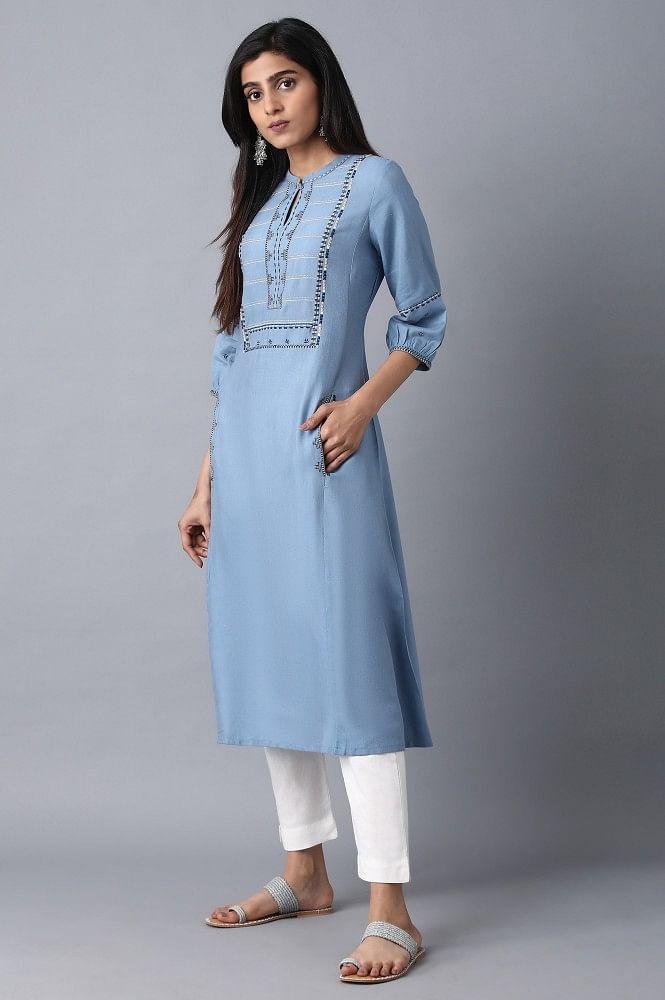 Blue Mandarin Neck Printed kurta - wforwoman