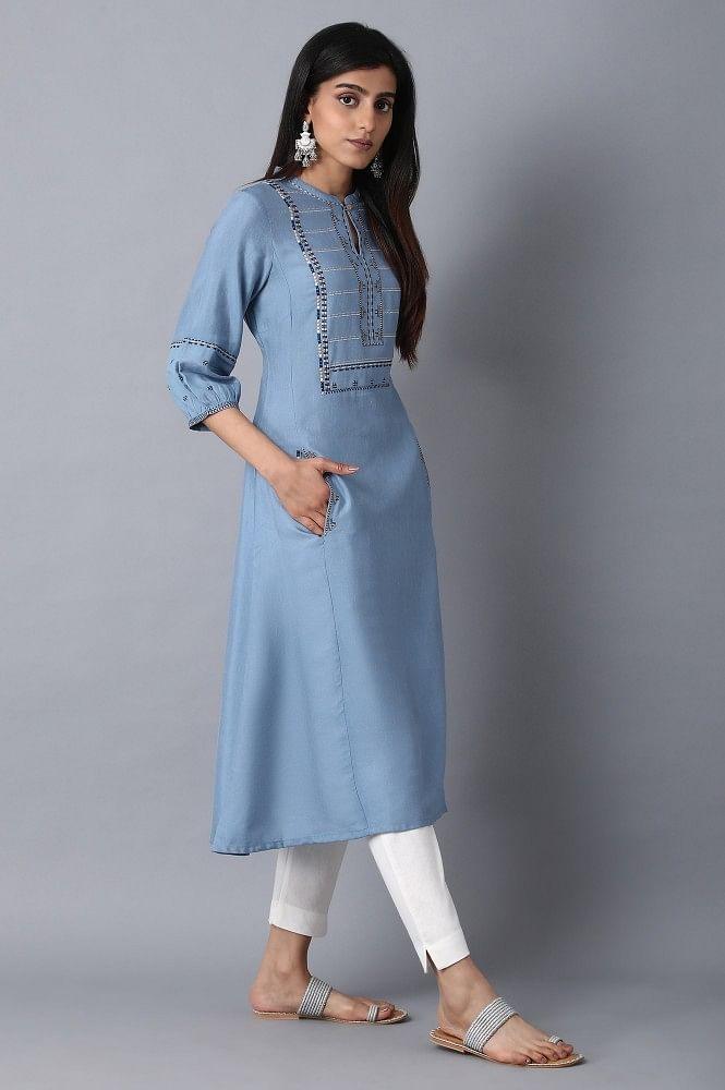 Blue Mandarin Neck Printed kurta - wforwoman