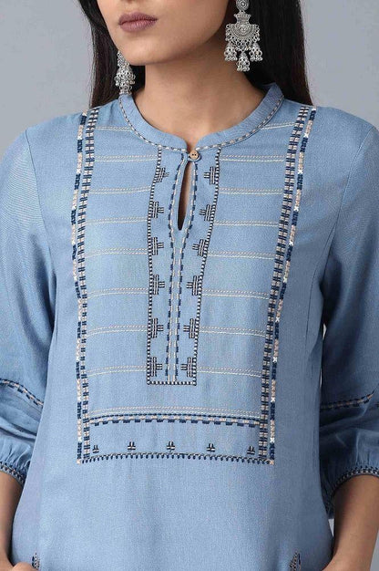 Blue Mandarin Neck Printed kurta - wforwoman