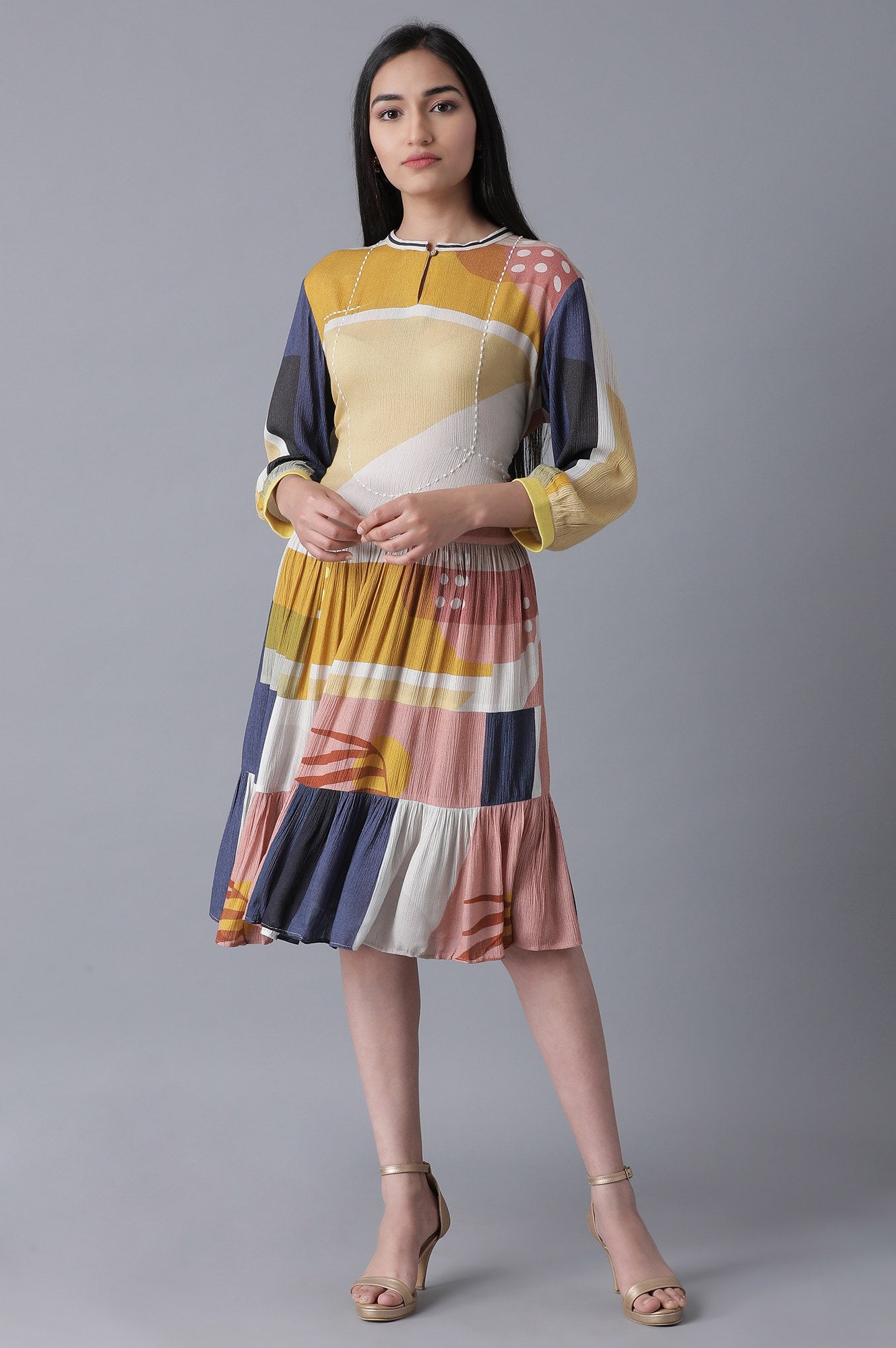 Soft Multicoloured Abstract Pattern Flared Dress