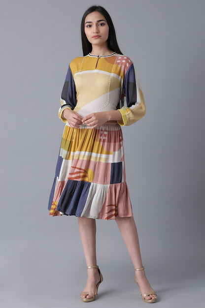 Soft Multicoloured Abstract Pattern Flared Dress