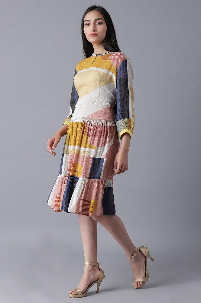 Soft Multicoloured Abstract Pattern Flared Dress - wforwoman