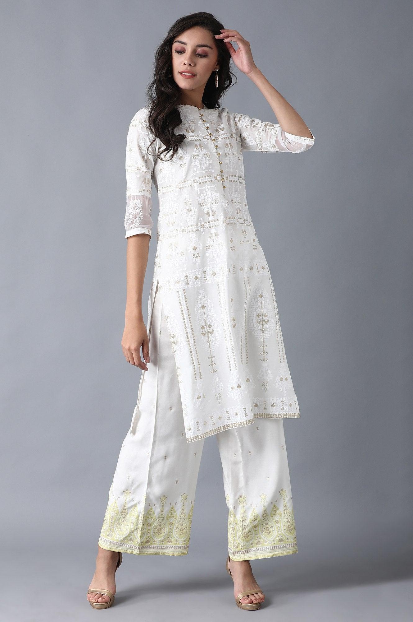 White Round Neck Glitter Print kurta - wforwoman