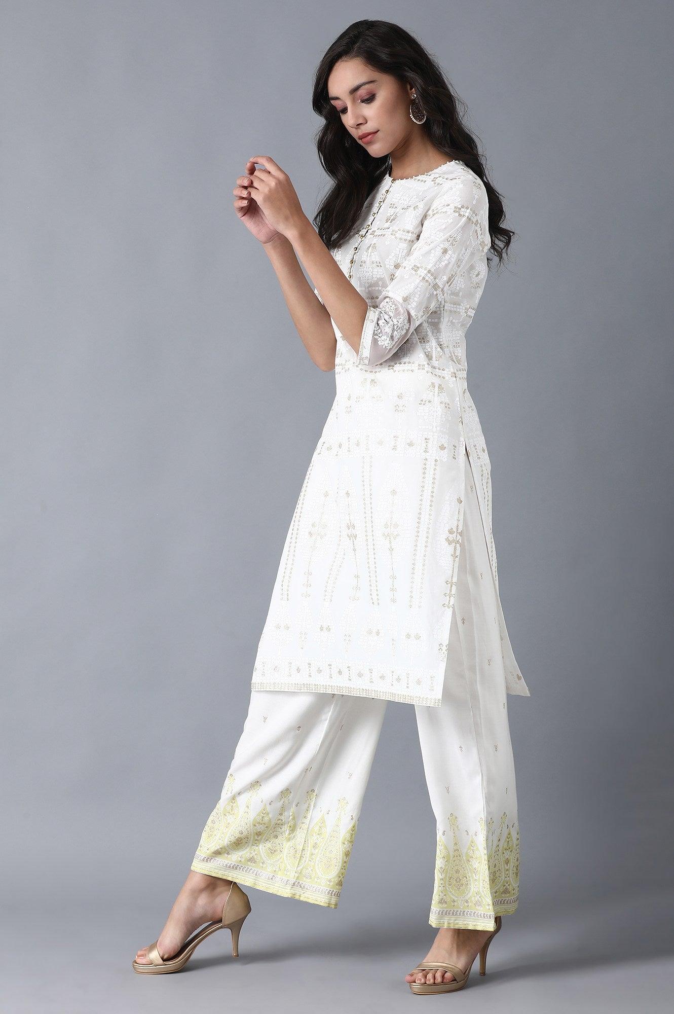 White Round Neck Glitter Print kurta - wforwoman