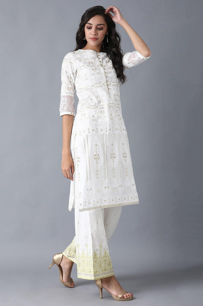 White Round Neck Glitter Print kurta - wforwoman