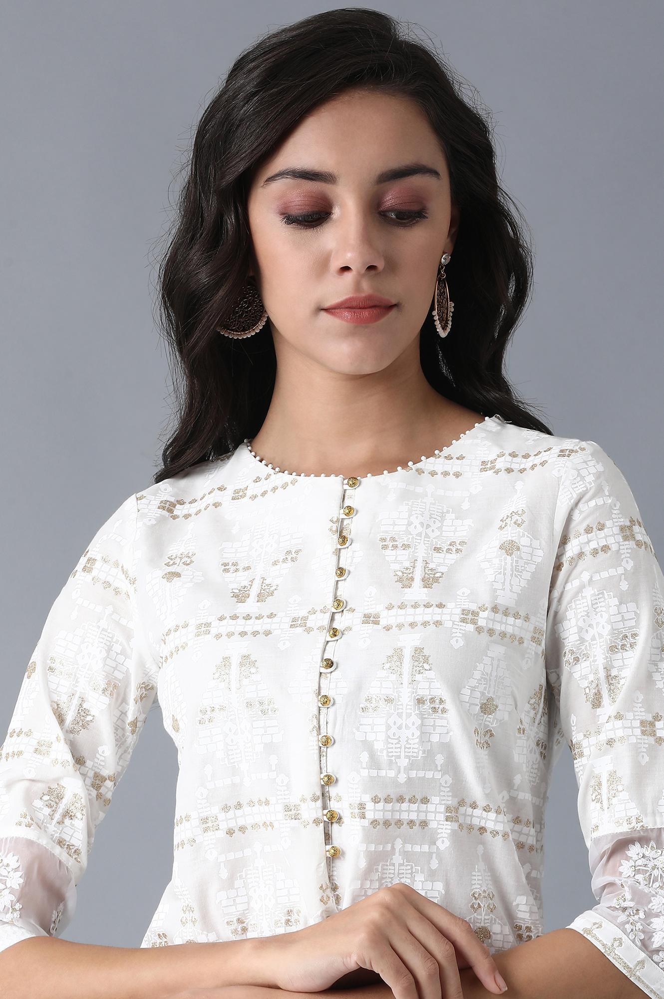 White Round Neck Glitter Print kurta - wforwoman