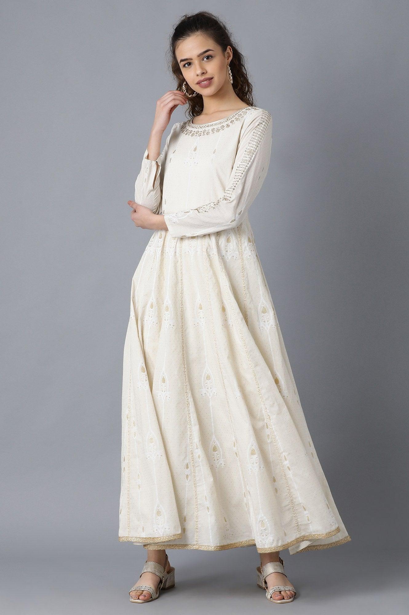 White Round Neck Flared Dress - wforwoman