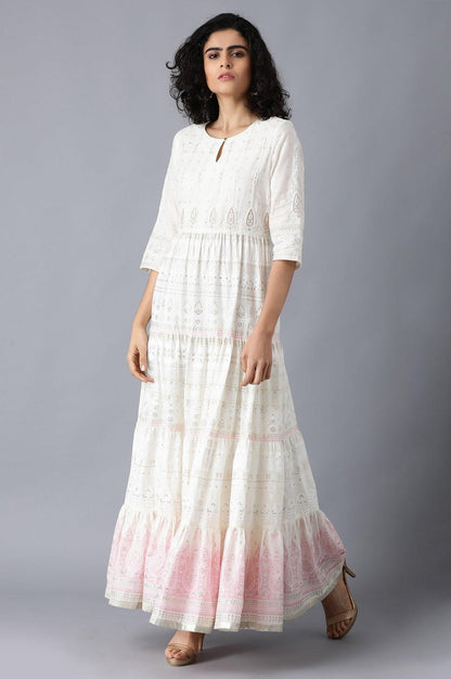 White Round Neck Tiered Dress - wforwoman