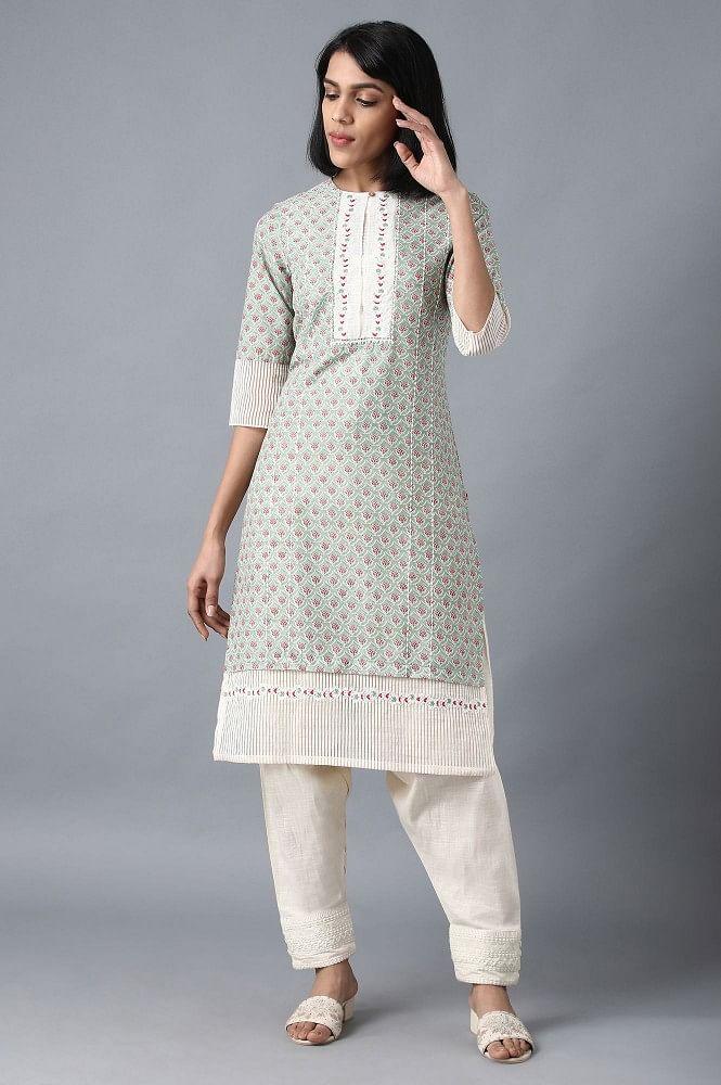 Green Round Neck Printed kurta - wforwoman