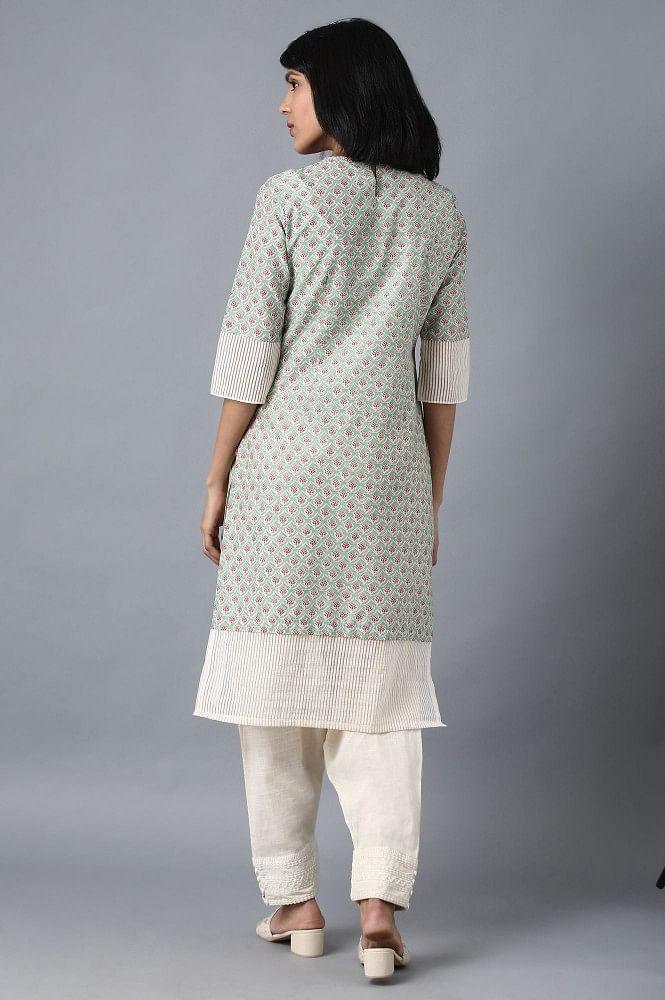 Green Round Neck Printed kurta - wforwoman