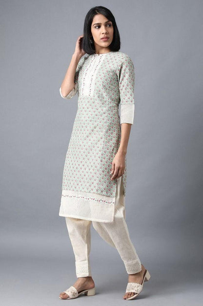 Green Round Neck Printed kurta - wforwoman