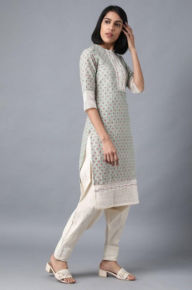 Green Round Neck Printed kurta - wforwoman