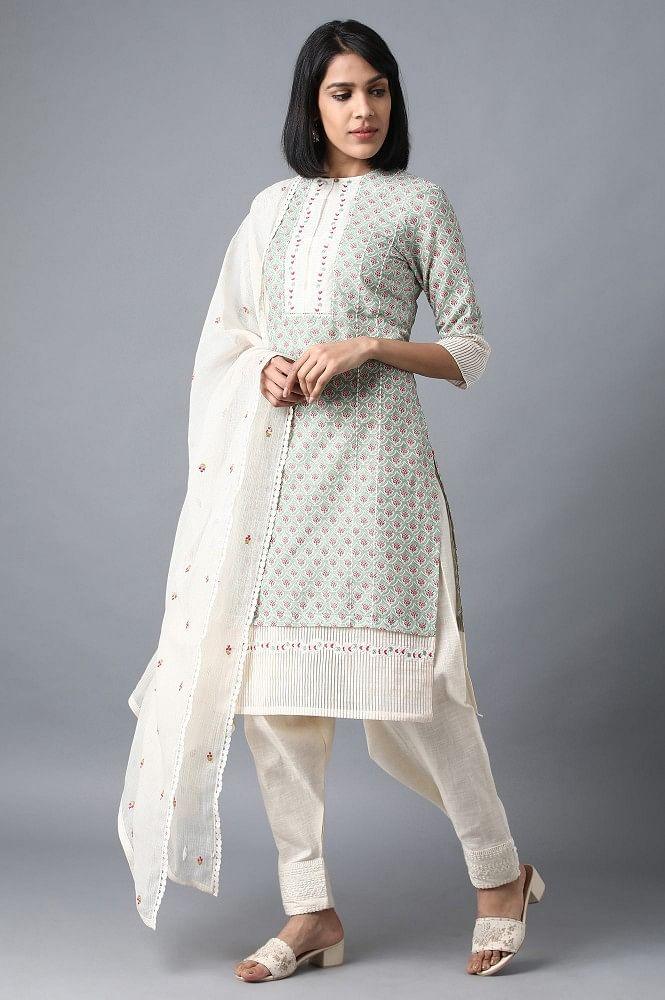 Green Round Neck Printed kurta - wforwoman