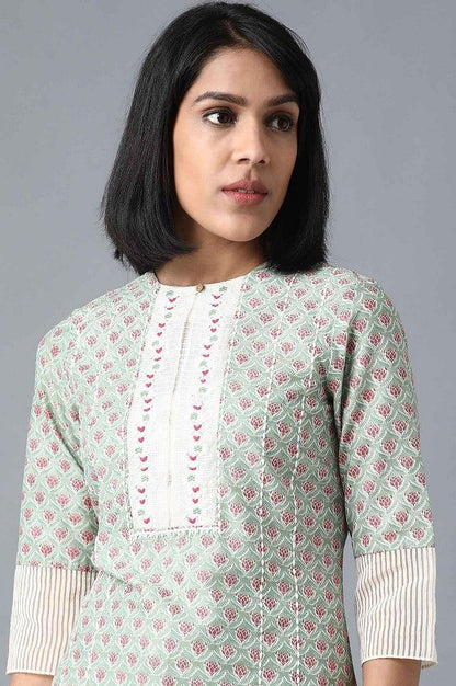 Green Round Neck Printed kurta - wforwoman