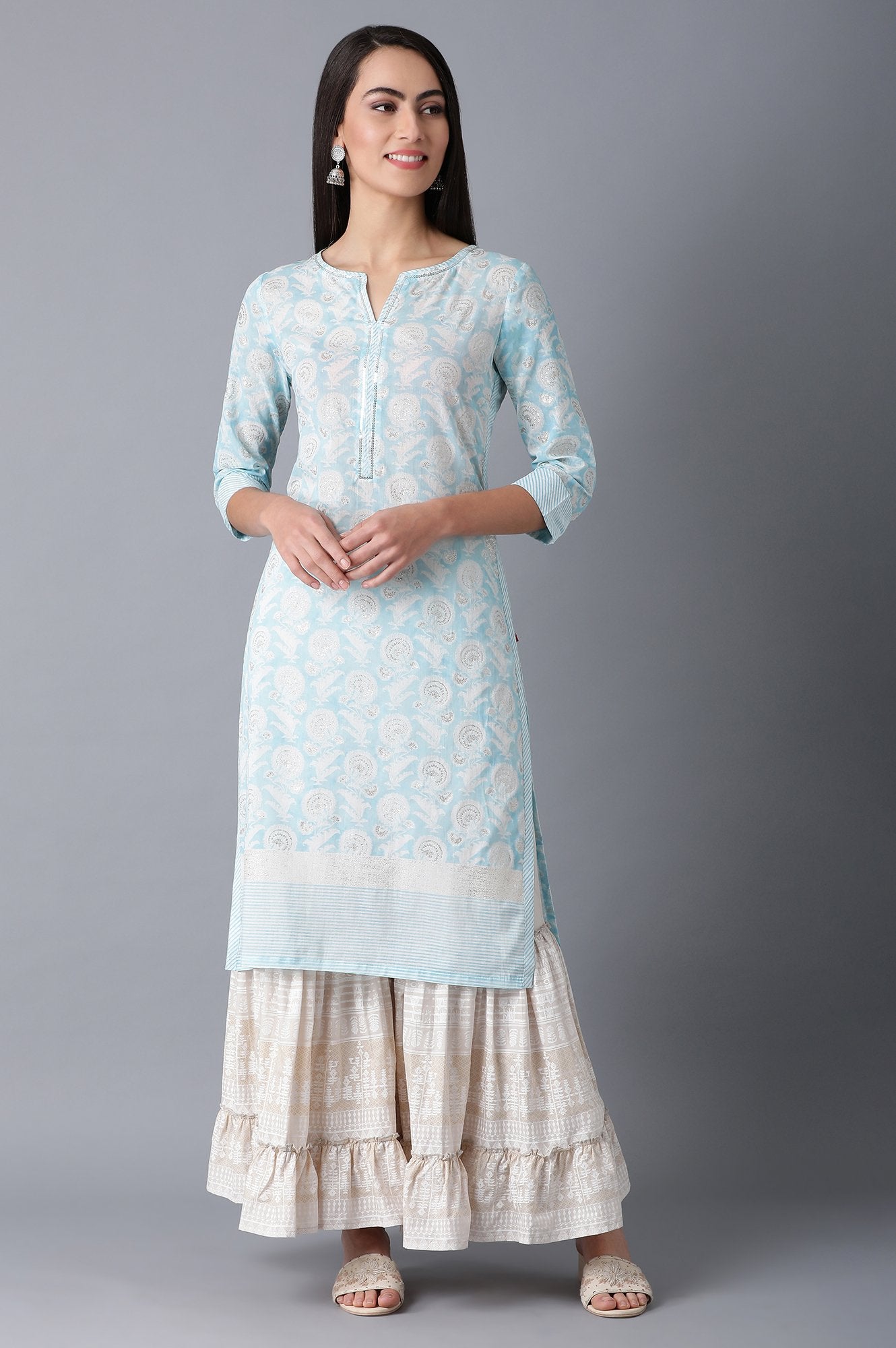 Blue Round Neck Printed kurta