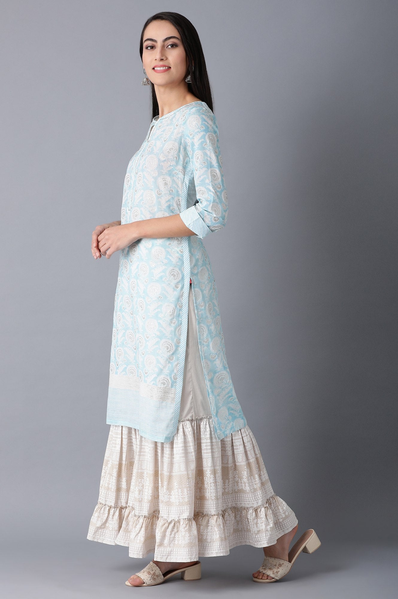 Blue Round Neck Printed kurta