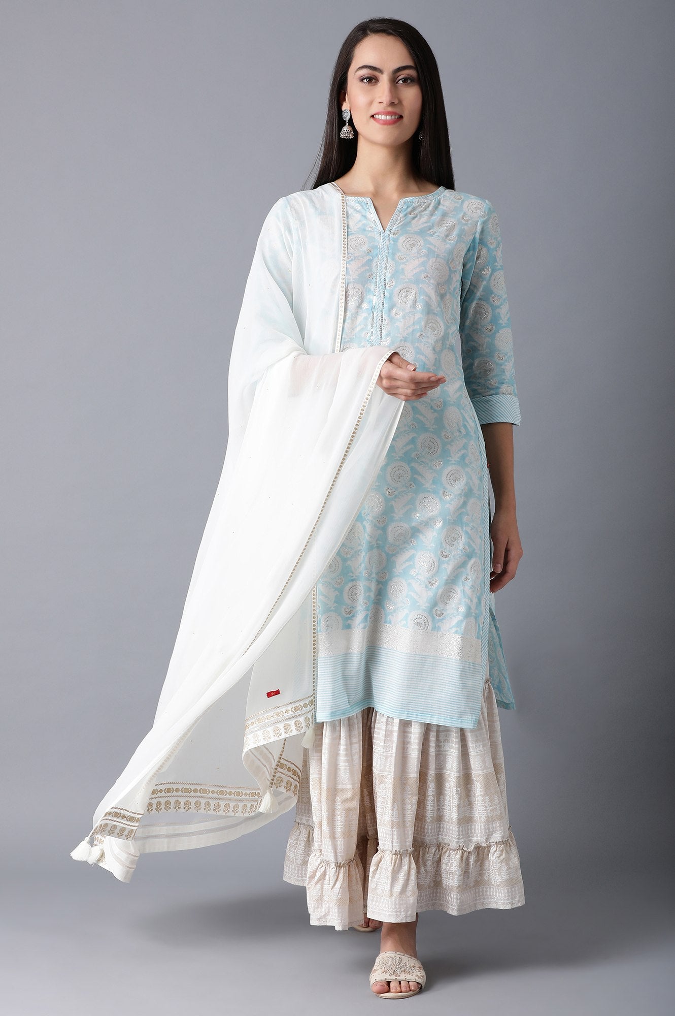 Blue Round Neck Printed kurta