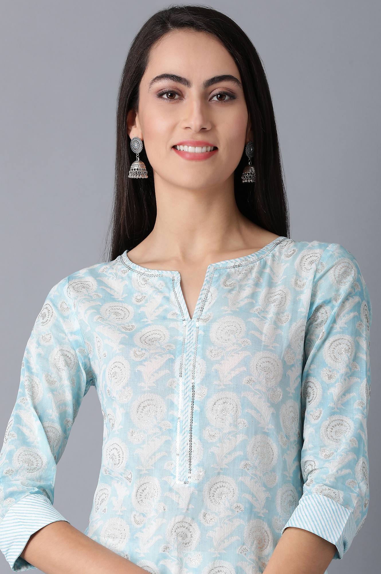 Blue Round Neck Printed kurta