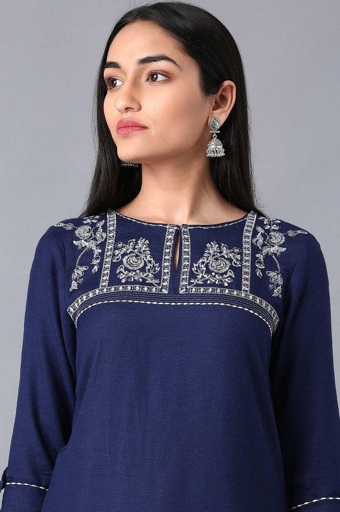 Blue Round Neck Embroidered kurta - wforwoman