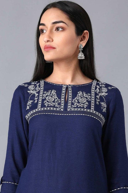 Blue Round Neck Embroidered kurta - wforwoman