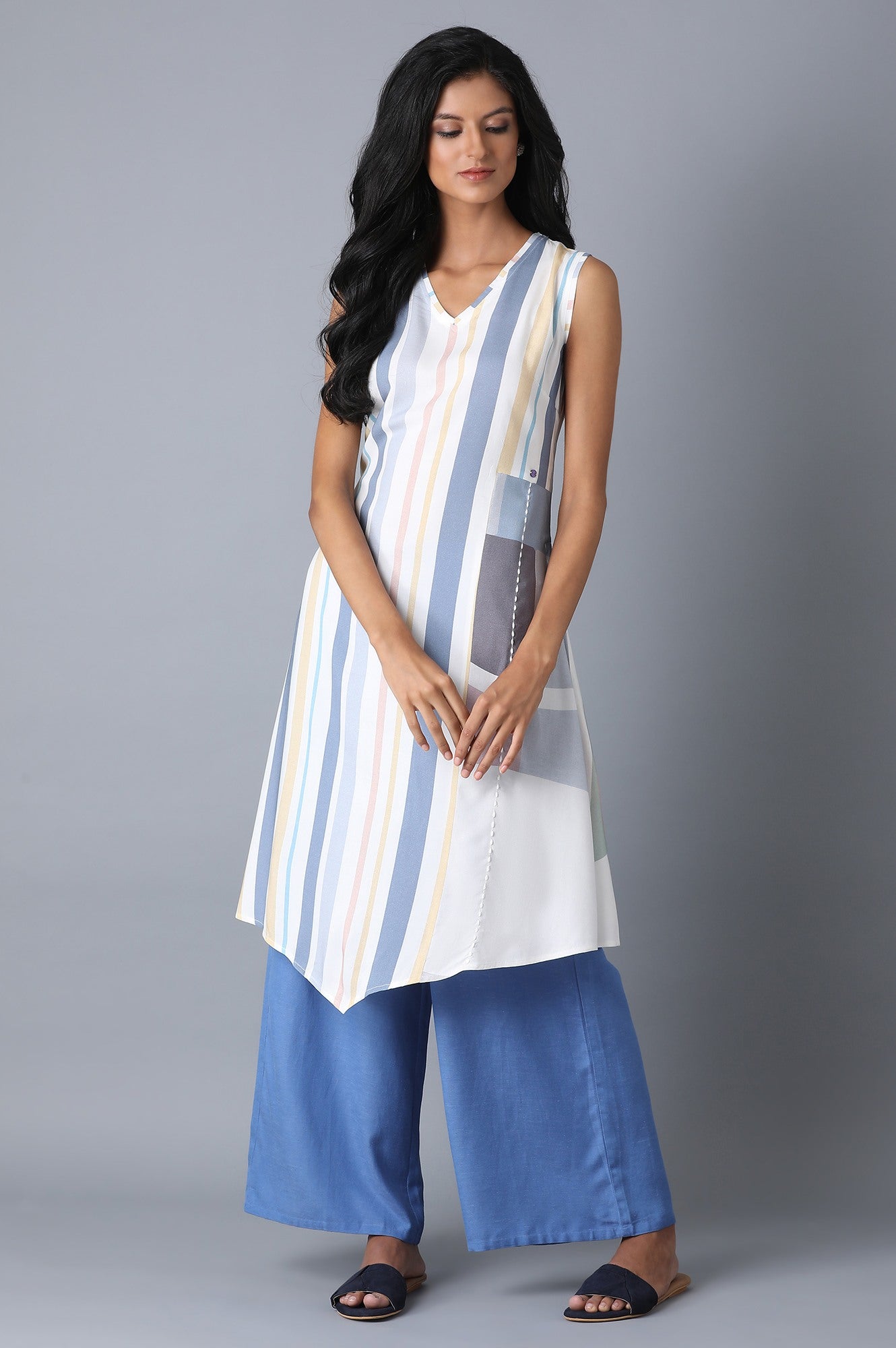 Blue Asymetric Stripe kurta